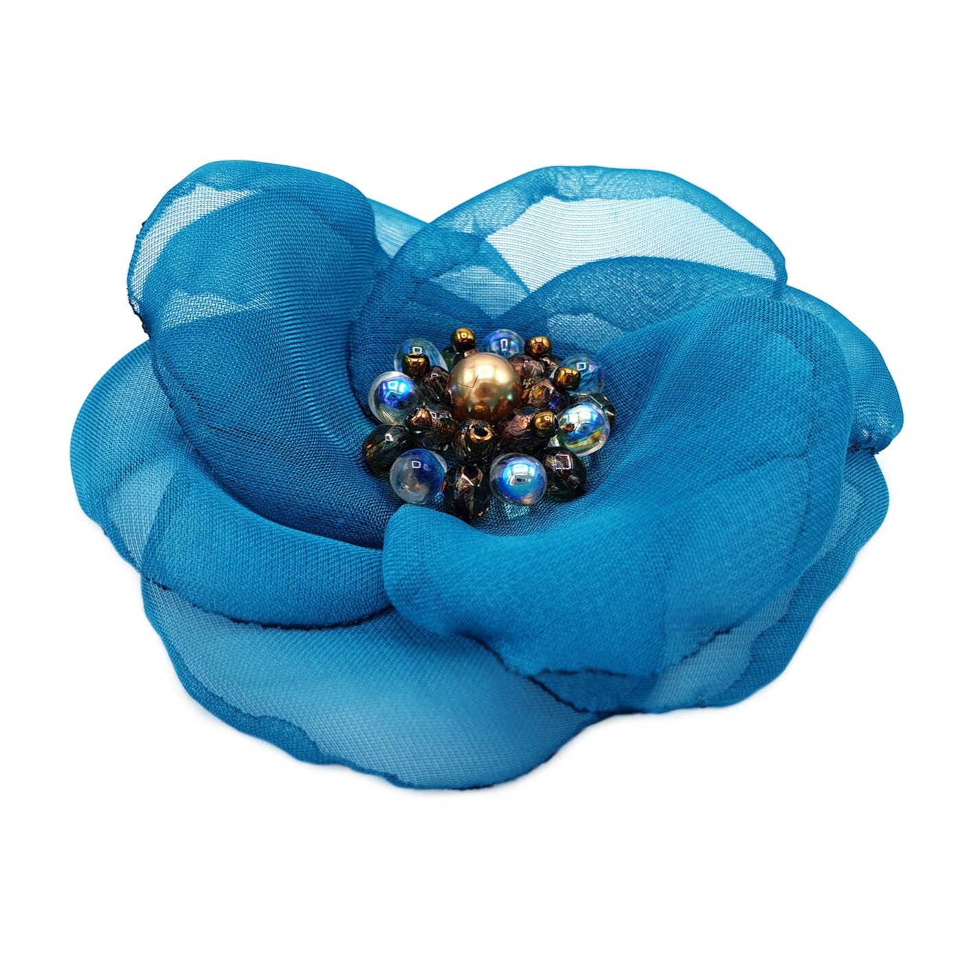 Brosa handmade, Zia Fashion, Cielo, floare turcoaz, voal stil matase, elemente