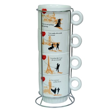 Set 4 cesti cafea sau ceai Lovers, 200ml, ceramica, suport metalic Set 4 cesti cafea sau ceai Lovers, 200ml, ceramica, suport metalic