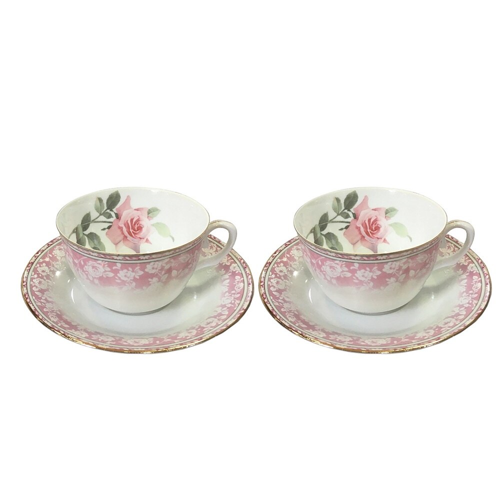 Set 2 cesti & farfurii Solange alb/roz, 180ml, portelan fin