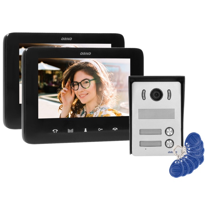 Videointerfon pentru doua familii INDI MULTI N ORNO OR-VID-VP-1071/B, color, monitor ultra-plat LCD 7", control automat al portilor, 16 sonerii, functie intercom, deschidere cu ajutorul etichetelor de proximitate, Negru/Gri