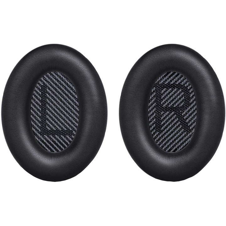 Set 2 bureti pentru casti Bose QuietComfort 35, 35 II, QC35, QC35 II, Over-Ear - Negru, Spuma cu memorie, Piele naturala
