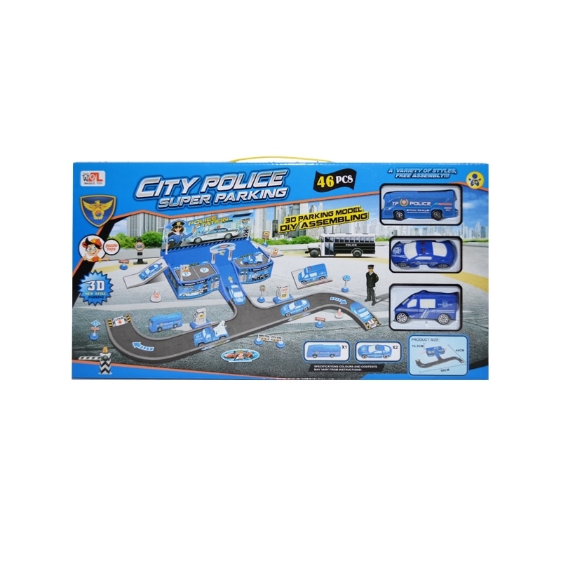 Set de joaca Parcare cu masini de politie si acesorii, 46 piese, Albastru, 3 ani +