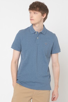 Gant, Tricou polo de bumbac cu logo brodat, Albastru inchis/Gri Gant, Tricou polo de bumbac cu logo brodat, Albastru inchis/Gri
