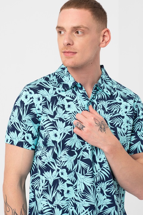 Gant, Памучна тениска с яка и тропическа шарка, Аквамарин синьо/Тъмносин