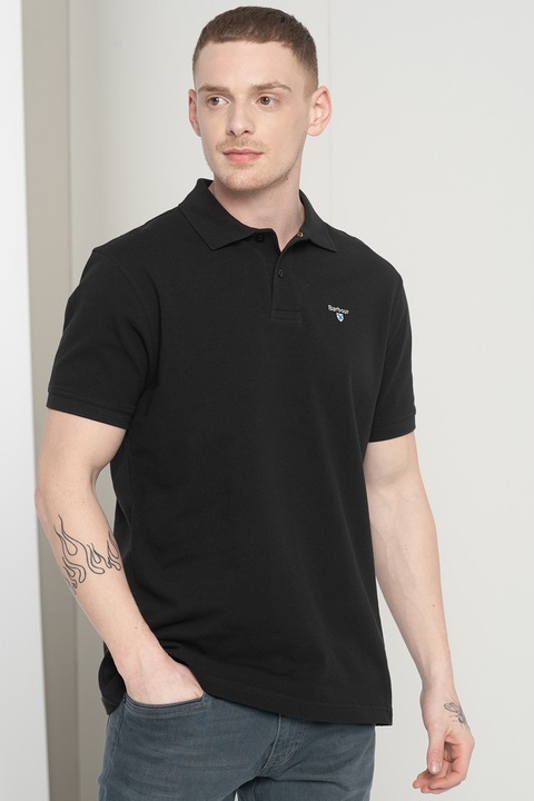 Barbour, Тениска от пике с яка и бродирано лого, Черен