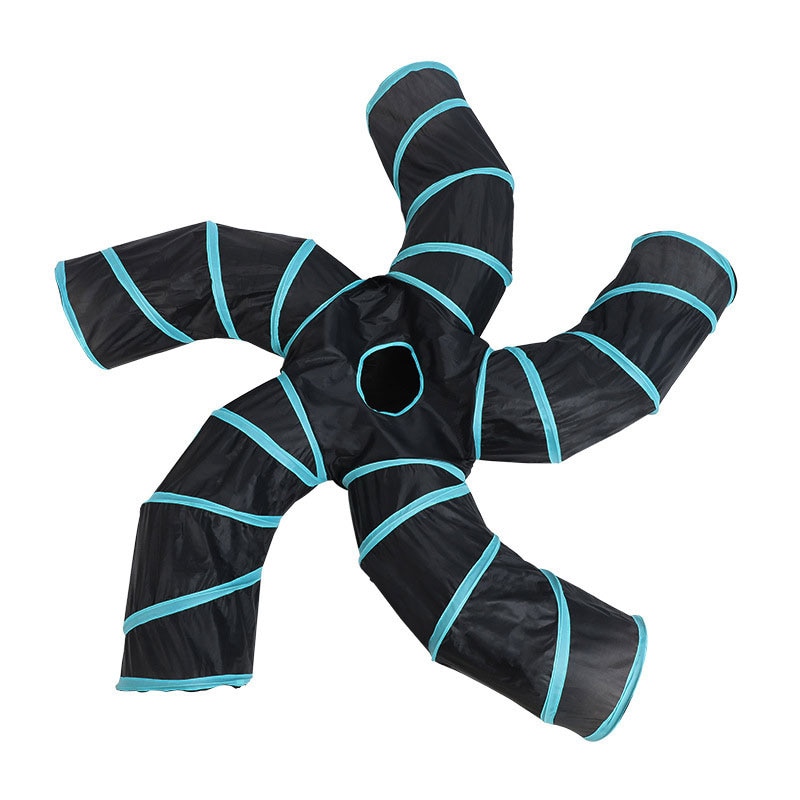 Jucarie pentru caini si pisici, Tunel cu 5 iesiri in forma de S, Cu dungi, 30 x 30 x 2 cm, Negru/Albastru