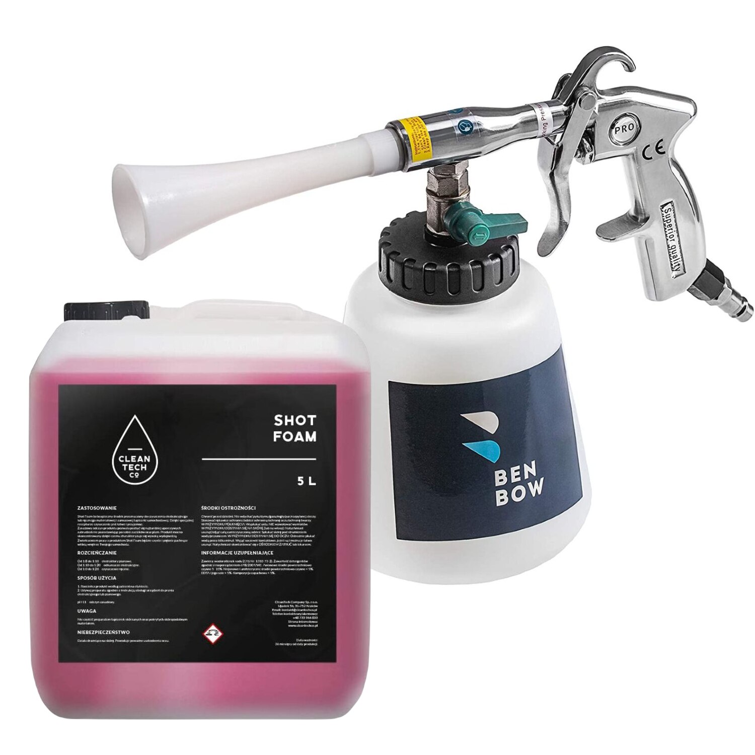 Set Pistol de curatare Benbow 002 cu aer comprimat classic + Solutie CleanTech Shot Foam 5 L, BenBow, Maner metal