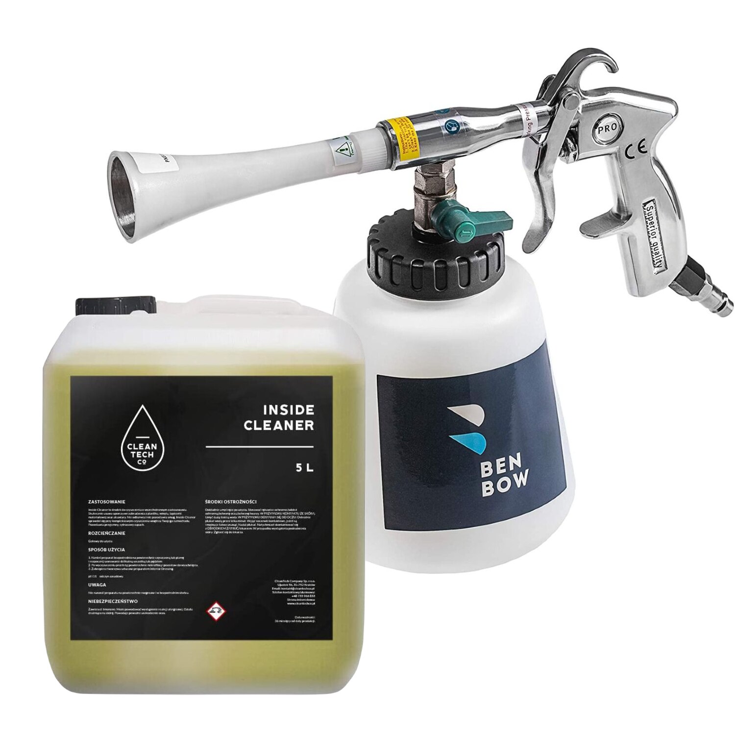 Set Pistol de curatare Benbow 004 cu aer comprimat cu varf de metal + Solutie CleanTech 5 L, BenBow, Maner metal