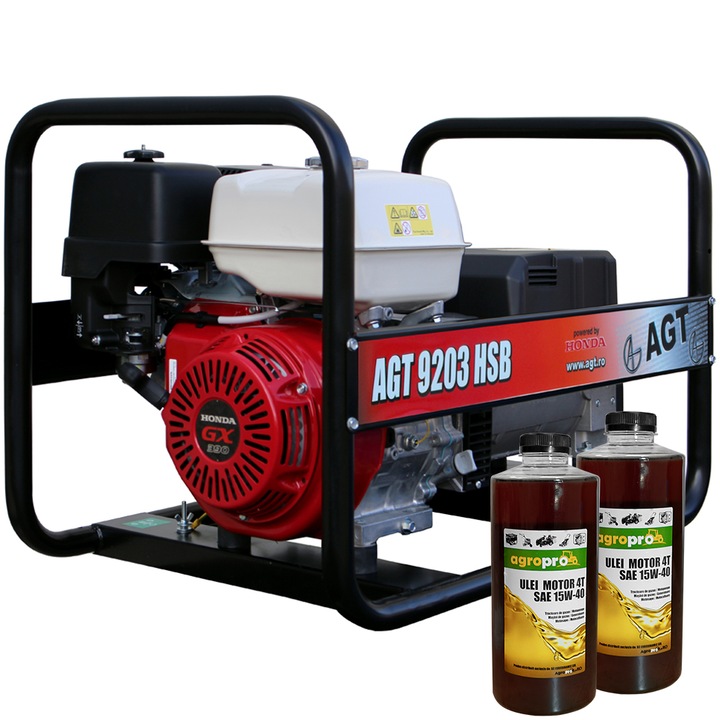 Generator de curent AGT 9203 HSB, motor Honda 13 CP, putere 8.5 kVA, rezervor 6.1L, trifazat, 2l ulei motor AgroPro