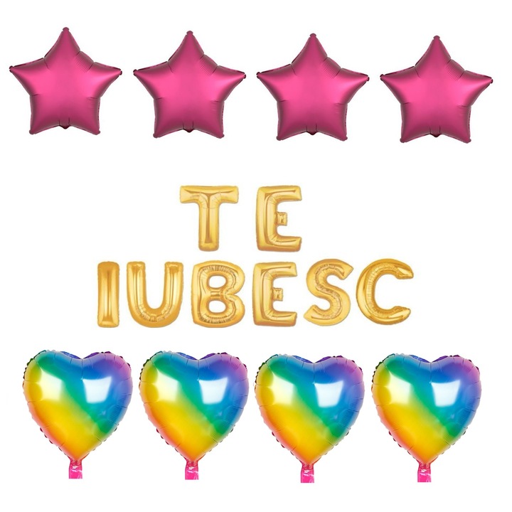 Set 16 baloane folie TE IUBESC auriu, Domi Party & Gifts, inimi curcubeu, stele visiniu