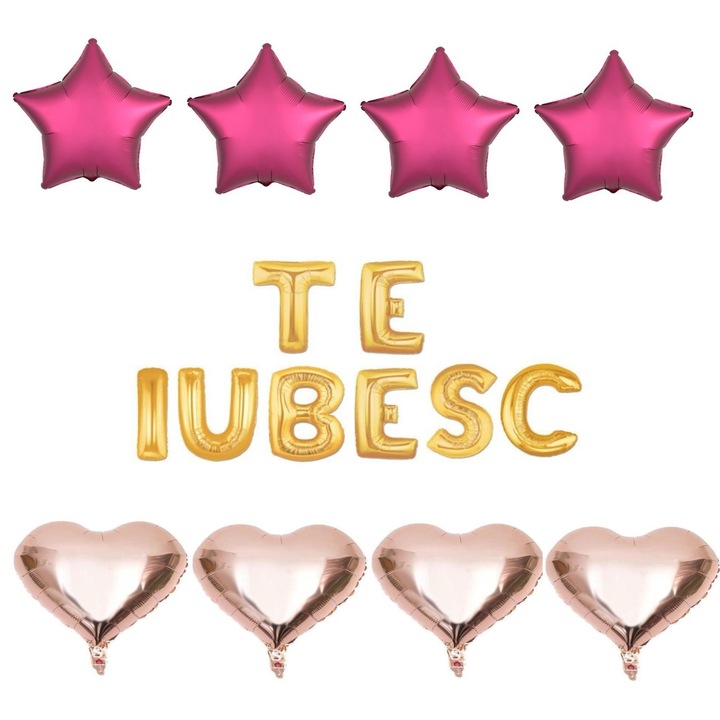 Set 16 baloane folie TE IUBESC auriu, ESB, inimi rose gold, stele visinii