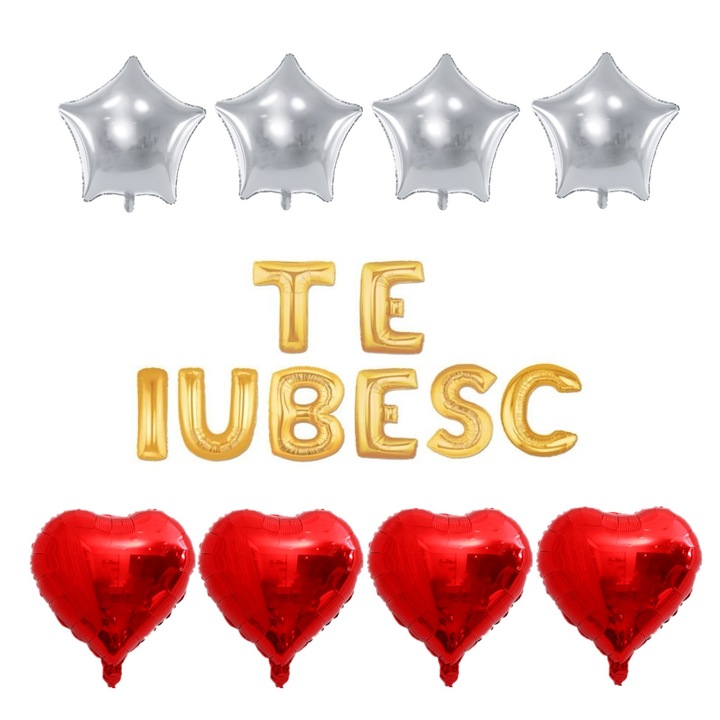 Set 16 baloane folie TE IUBESC auriu, Domi Party & Gifts, inimi rosii, stele argintii