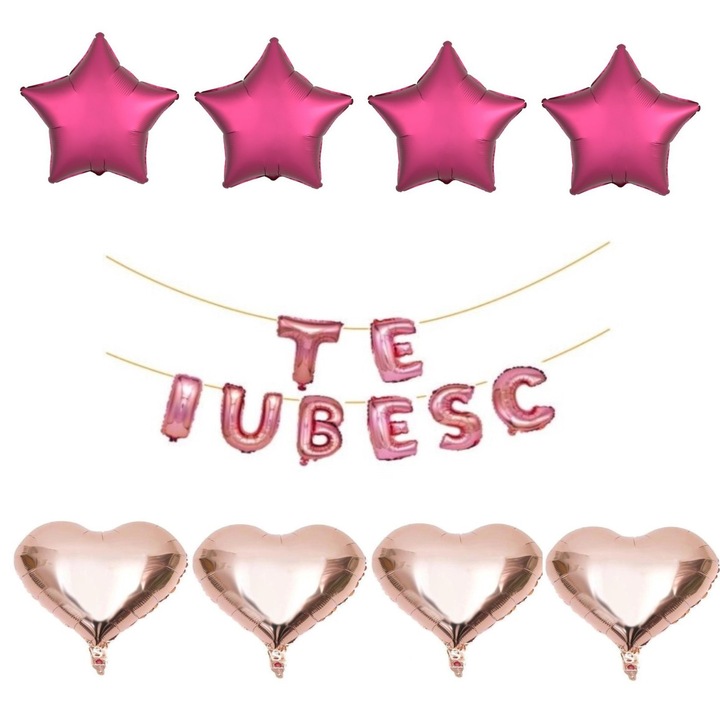 Set 16 baloane folie TE IUBESC rose gold, ESB, inimi rose gold, stele visinii