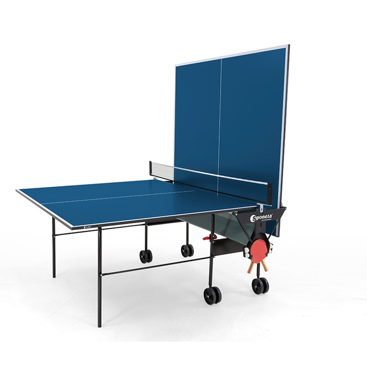 Masa de tenis interior Sponeta 210-3010-L, pliabila, cadru 19 mm, mecanism de fixare, suport palete si mingi, roti duble pentru transport, albastra, 274x152.5x76 cm