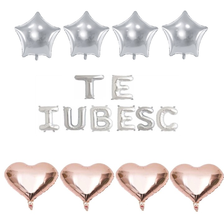 Set 16 baloane folie TE IUBESC argintiu, ESB, inimi rose gold, stele argintii