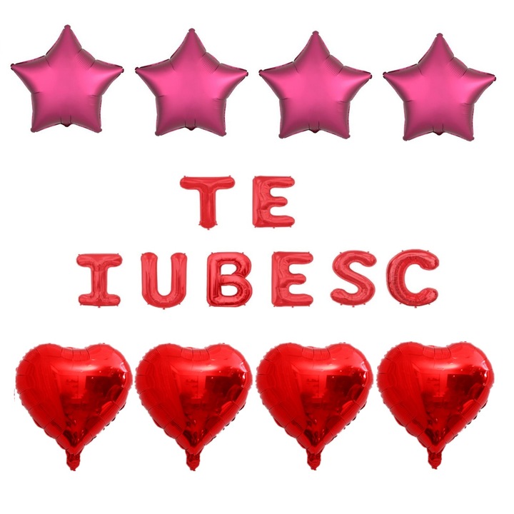 Set 16 baloane folie TE IUBESC rosu, ESB, inimi rosii, stele visinii