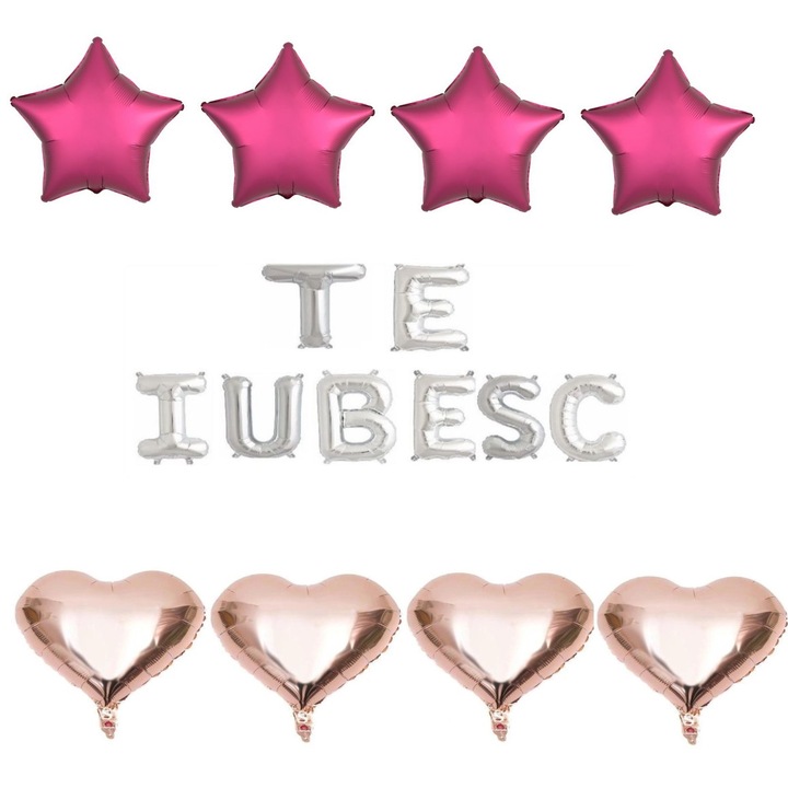 Set 16 baloane folie TE IUBESC argintiu, ESB, inimi rose gold, stele visiniu