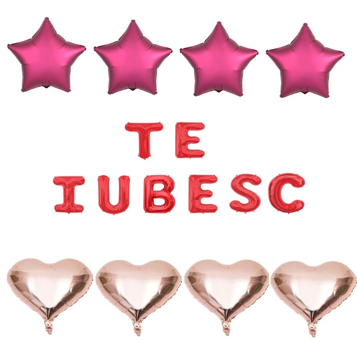 Set 16 baloane folie TE IUBESC rosu, ESB, inimi rose gold, stele visinii