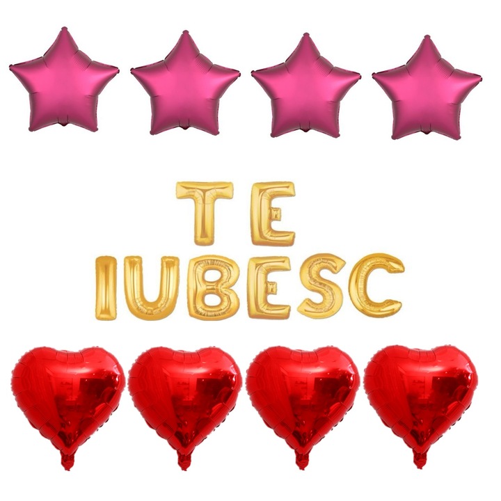 Set 16 baloane folie TE IUBESC auriu, ESB, inimi rosii, stele visinii