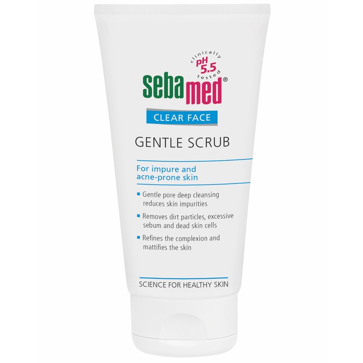 Scrub dermatologic delicat Clear Face Sebamed pentru ten acneic, 150 ml