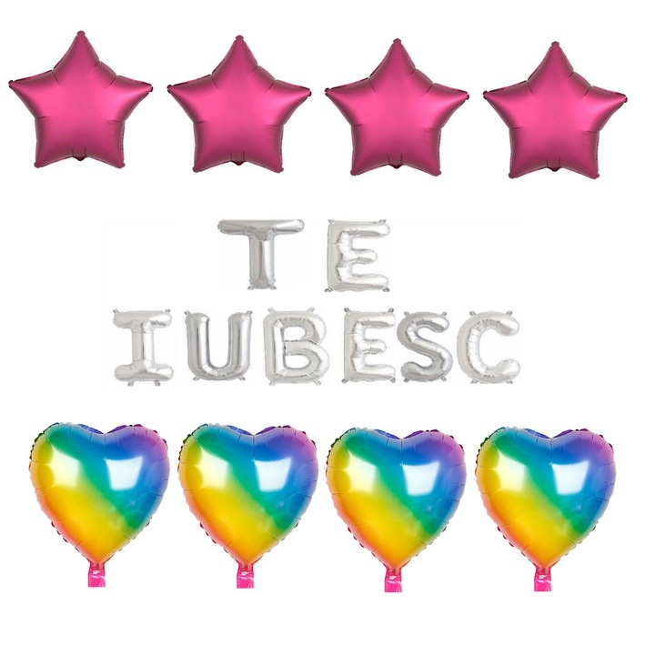 Set 16 baloane folie TE IUBESC argintiu, Domi Party & Gifts, inimi curcubeu, stele visiniu