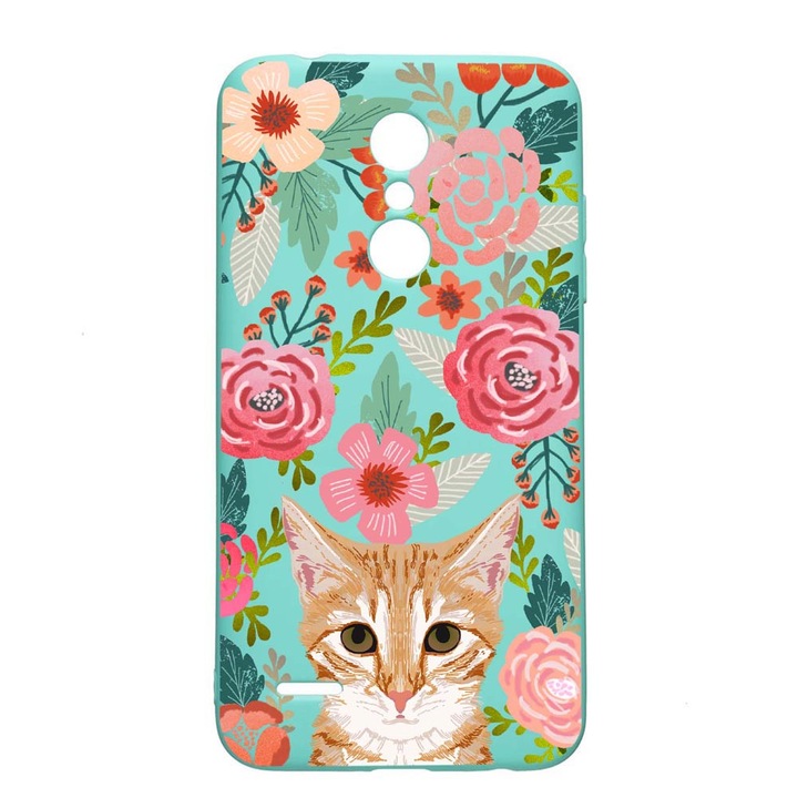 Калъф LG K11 / K11 Plus / K10 2018, Котка в цветя, износоустойчив, противоплъзгащ, премиум силикон, мента, M638