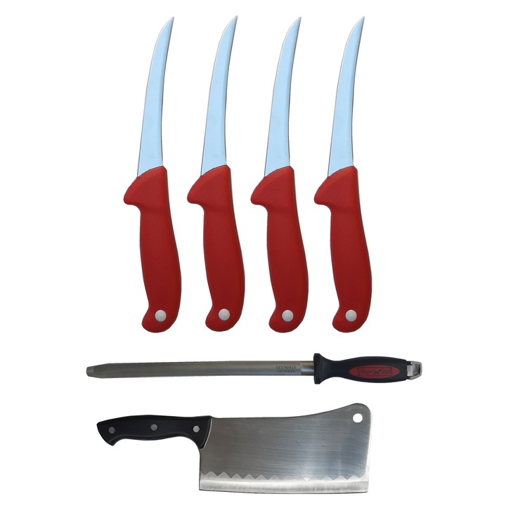 Kit profesional macelarie format din 4 cutite pentru transat, Satar 800g si Masat