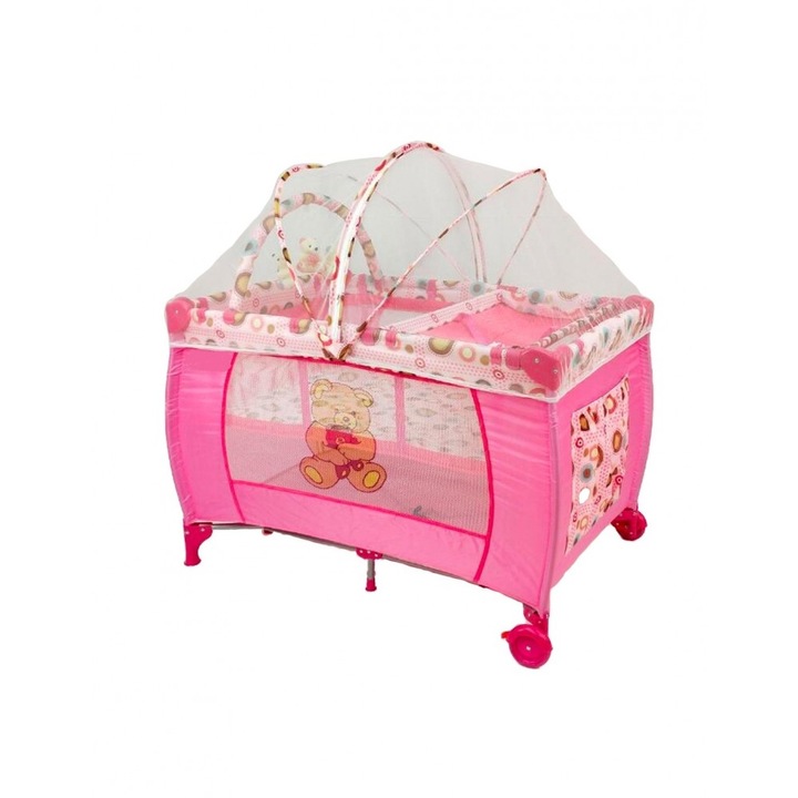 Patut bebe, Bubu Still, pliabil cu 2 nivele, roz, 120x60cm