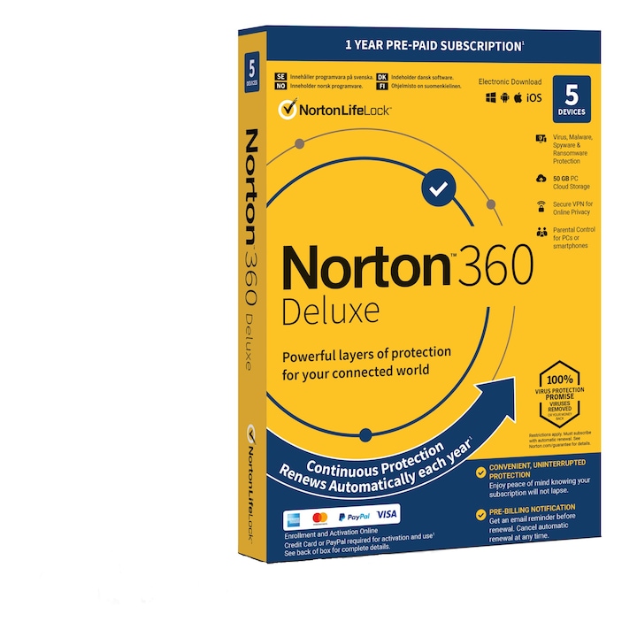 Norton 360 Deluxe elektronikus víruskereső licenc, 1 felhasználó, 5 eszköz, 12 hónap