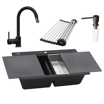 Set Baterie + Chiuveta bucatarie granit dubla cu 2 cuve CookingAid Kinga LX8620 860*510*235mm Neagra / Black Metal quartz cu 5 accesorii incluse Set Baterie + Chiuveta bucatarie granit dubla cu 2 cuve CookingAid Kinga LX8620 860*510*235mm Neagra / Black Metal quartz cu 5 accesorii incluse