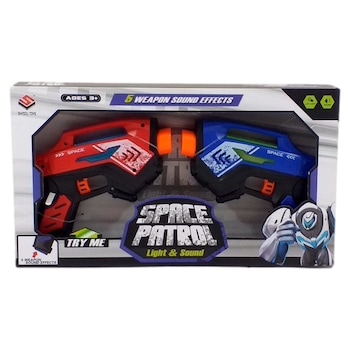 Set 2 Pistoale , Blaster, 5 sunete, vibratii si lumini, Rosu si Albastru Set 2 Pistoale , Blaster, 5 sunete, vibratii si lumini, Rosu si Albastru