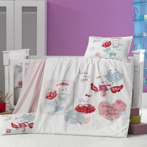 Set dormit bebelusi, cu protectie pentru patut, 6 piese, bumbac 100% ranforce, Happy