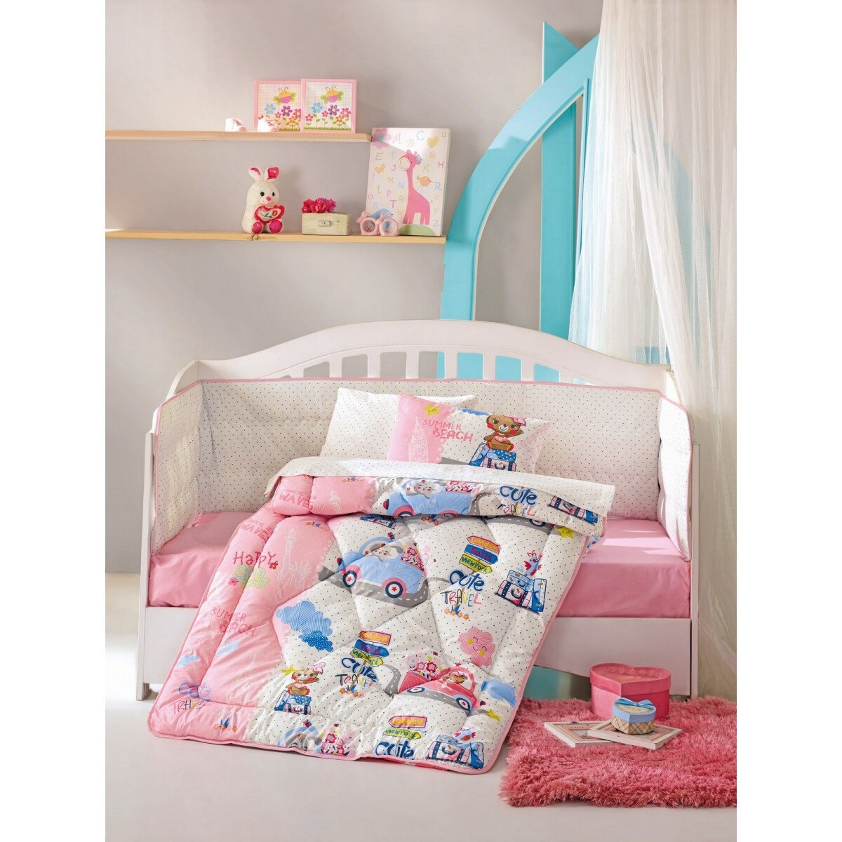 Set dormit bebelusi, cu protectie pentru patut, 6 piese, bumbac 100% ranforce, Seyahat - Pink