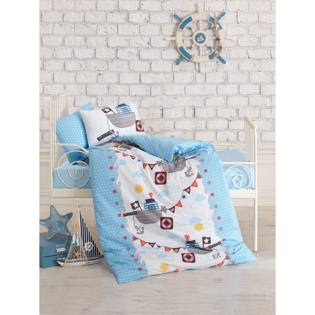 Lenjerie patut bebelusi bumbac 100% ranforce, 4 piese, Cotton Box, Gemici Blue