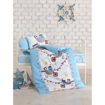 Lenjerie patut bebelusi bumbac 100% ranforce, 4 piese, Cotton Box, Gemici Blue Lenjerie patut bebelusi bumbac 100% ranforce, 4 piese, Cotton Box, Gemici Blue