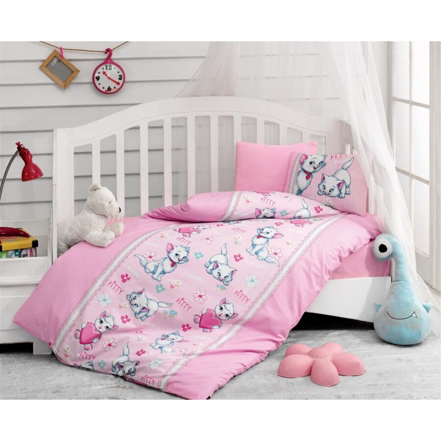 Lenjerie patut bebelusi bumbac 100% ranforce, 4 piese, Cotton Box, Miyav - Pink