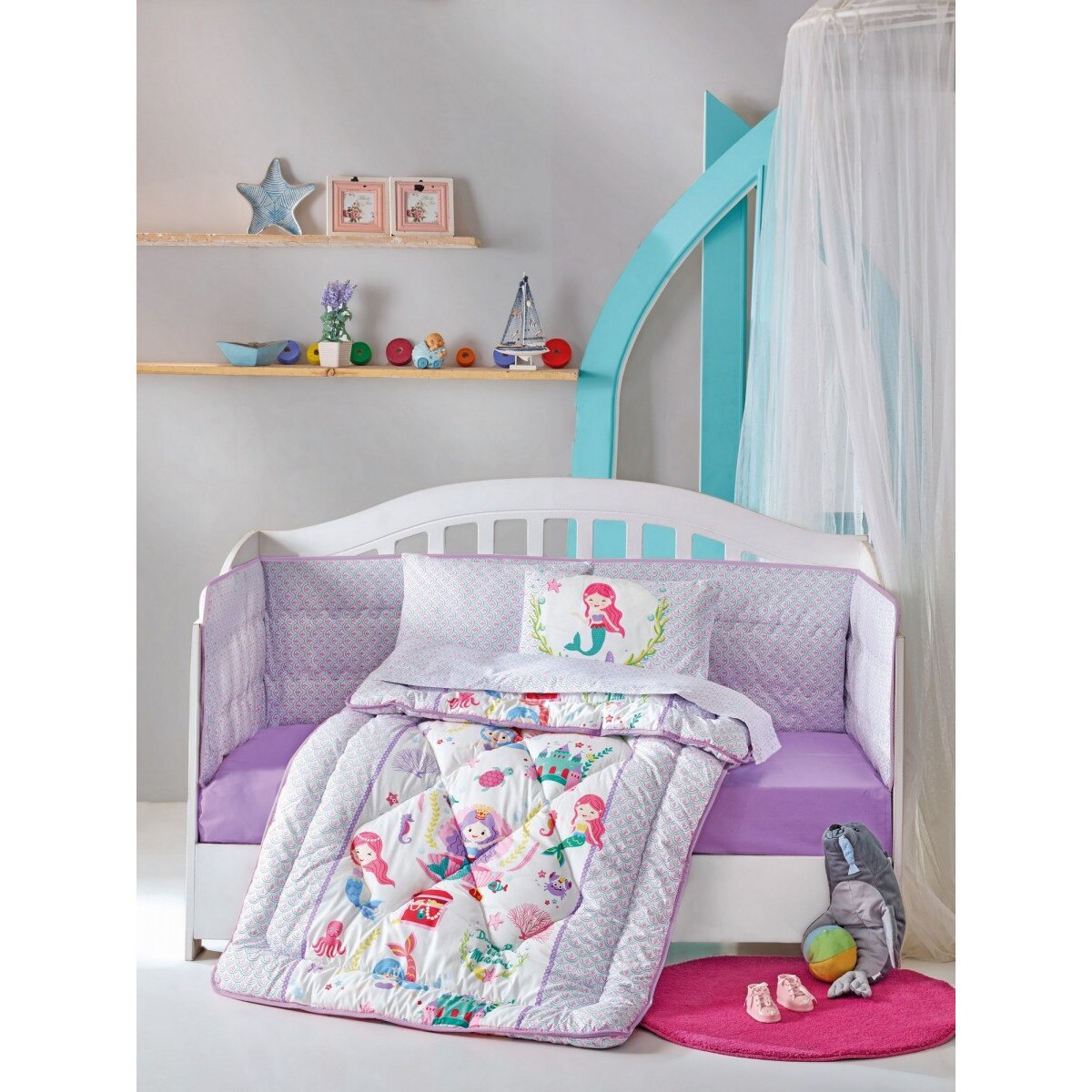 Set dormit bebelusi, cu protectie pentru patut, 6 piese, bumbac 100% ranforce, Deniz Kızı - Lilac