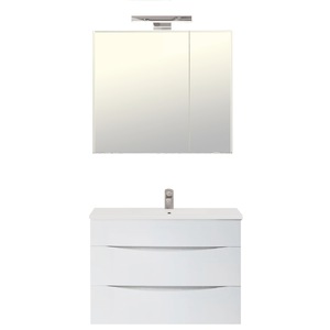 Set baza mobilier baie Jako 70 x 60 x 45 cm cu lavoar ceramic si oglinda cu dulap si iluminare LED, Alb lucios