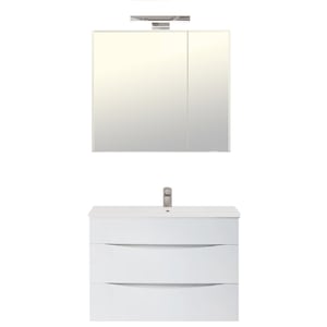 Set baza mobilier baie Jako 70 x 60 x 45 cm cu lavoar ceramic si oglinda cu dulap si iluminare LED, Alb lucios