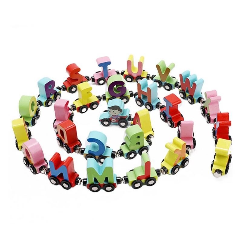 Trenulet din lemn cu vagoane magnetice, literele alfabetului, multicolor