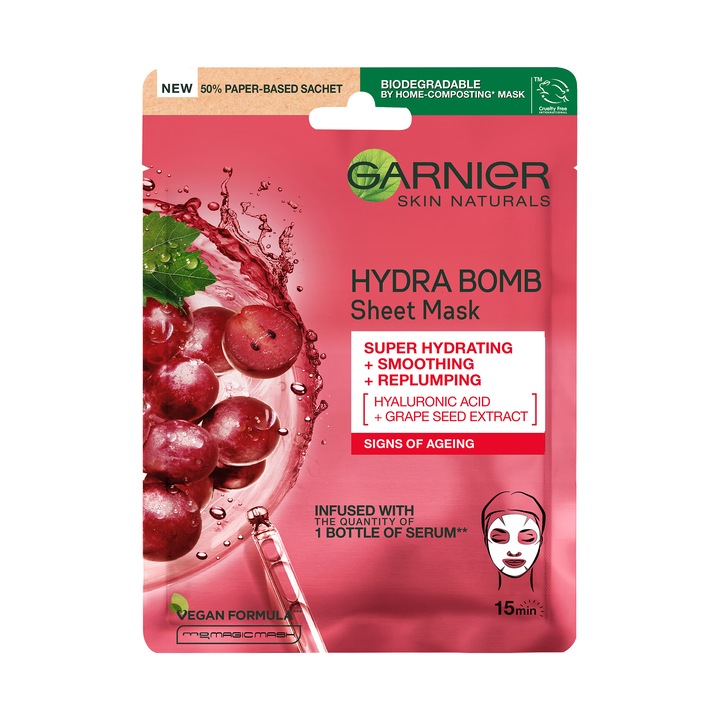Хидратираща маска за лице Garnier Skin Naturals, С екстракт от гроздови семки, 28 гр