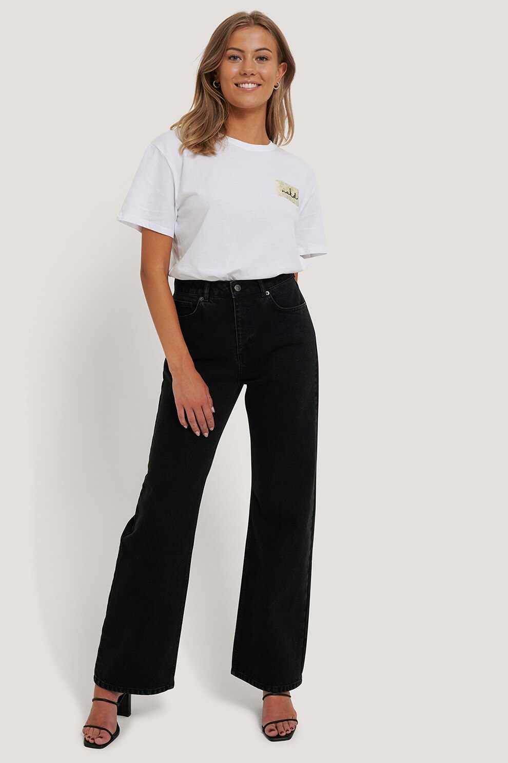 NA-KD, Blugi crop relaxed fit cu talie inalta, Negru
