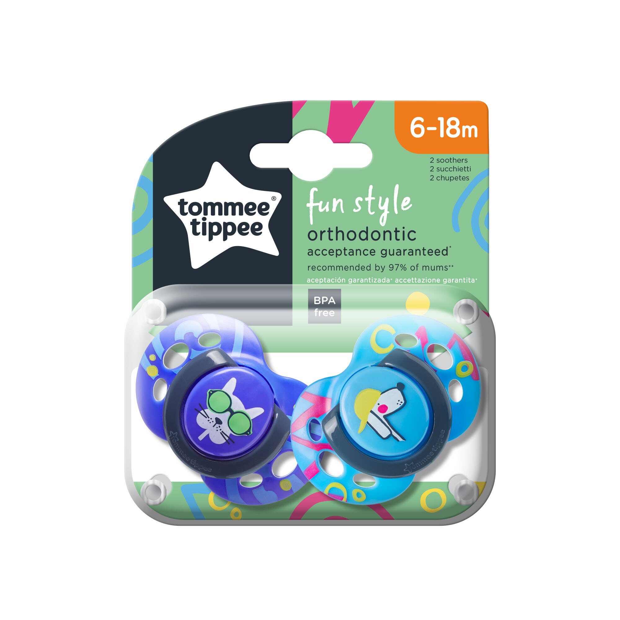 Set 2 suzete ortodontice de zi, Tommee Tippee, Fun, 6-18 luni, Caine