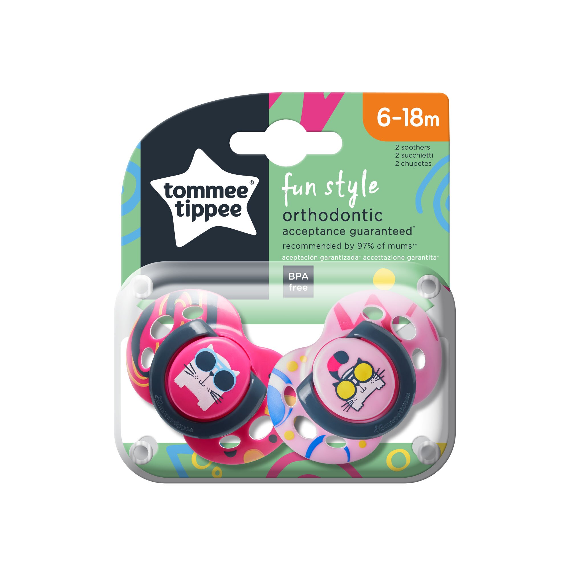 Set 2 suzete ortodontice de zi, Tommee Tippee, Fun, 6-18 luni, Pisica