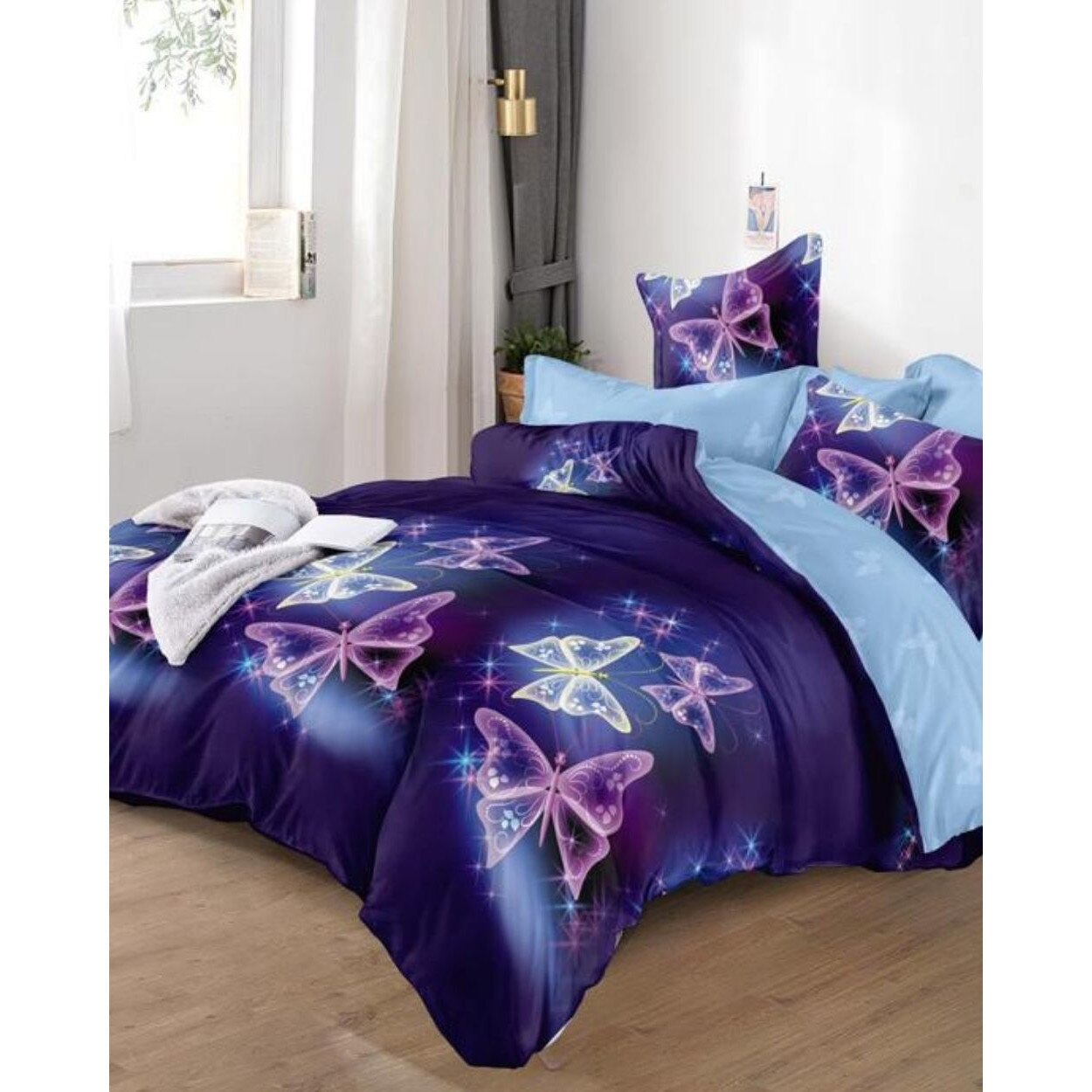 Set Lenjerie Finet, Cearceaf de Pat cu Elastic, 6 Piese, Pat 2 Persoane, Magic Butterflies