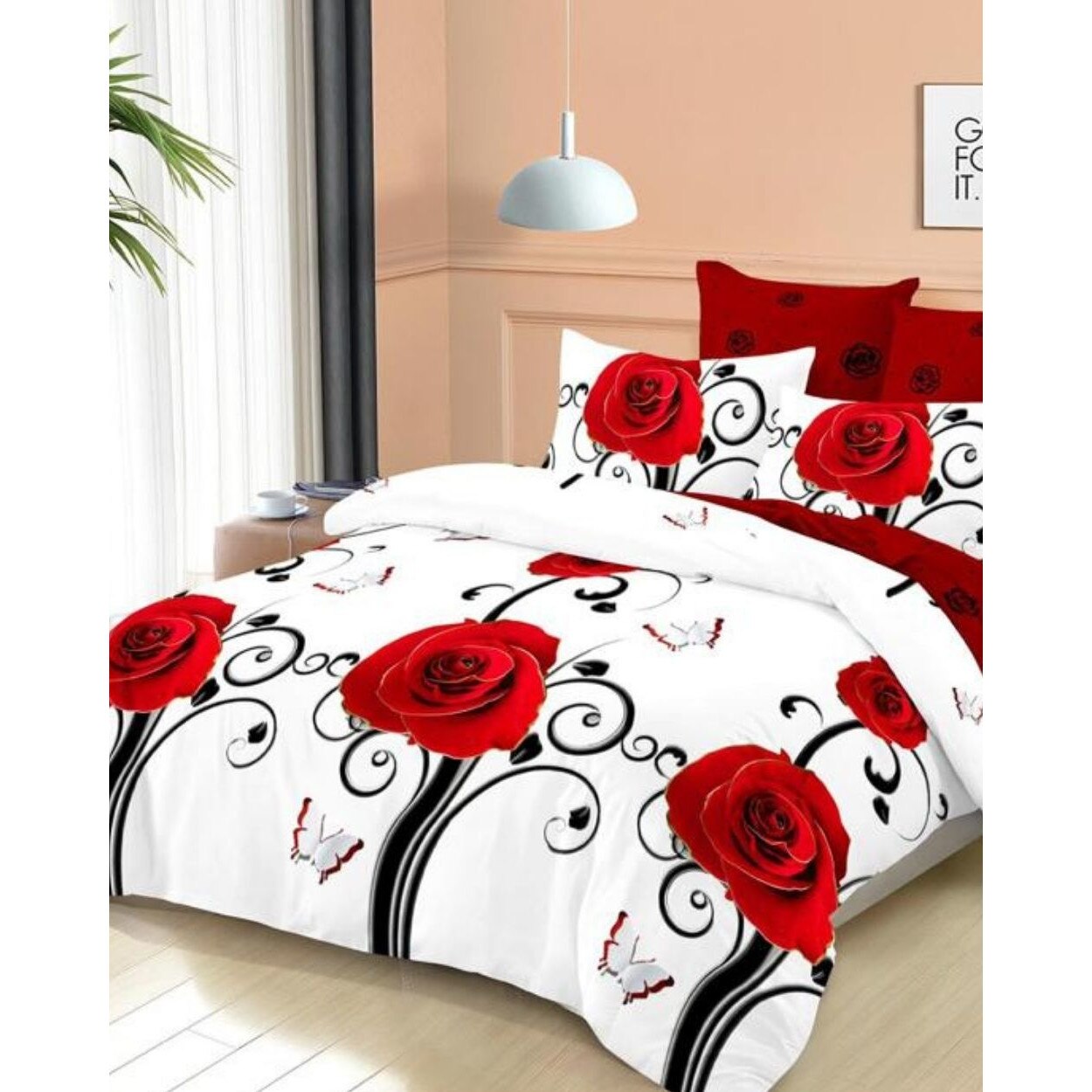 Set Lenjerie Finet, Cearceaf de Pat cu Elastic, 6 Piese, Pat 2 Persoane, Rose Art