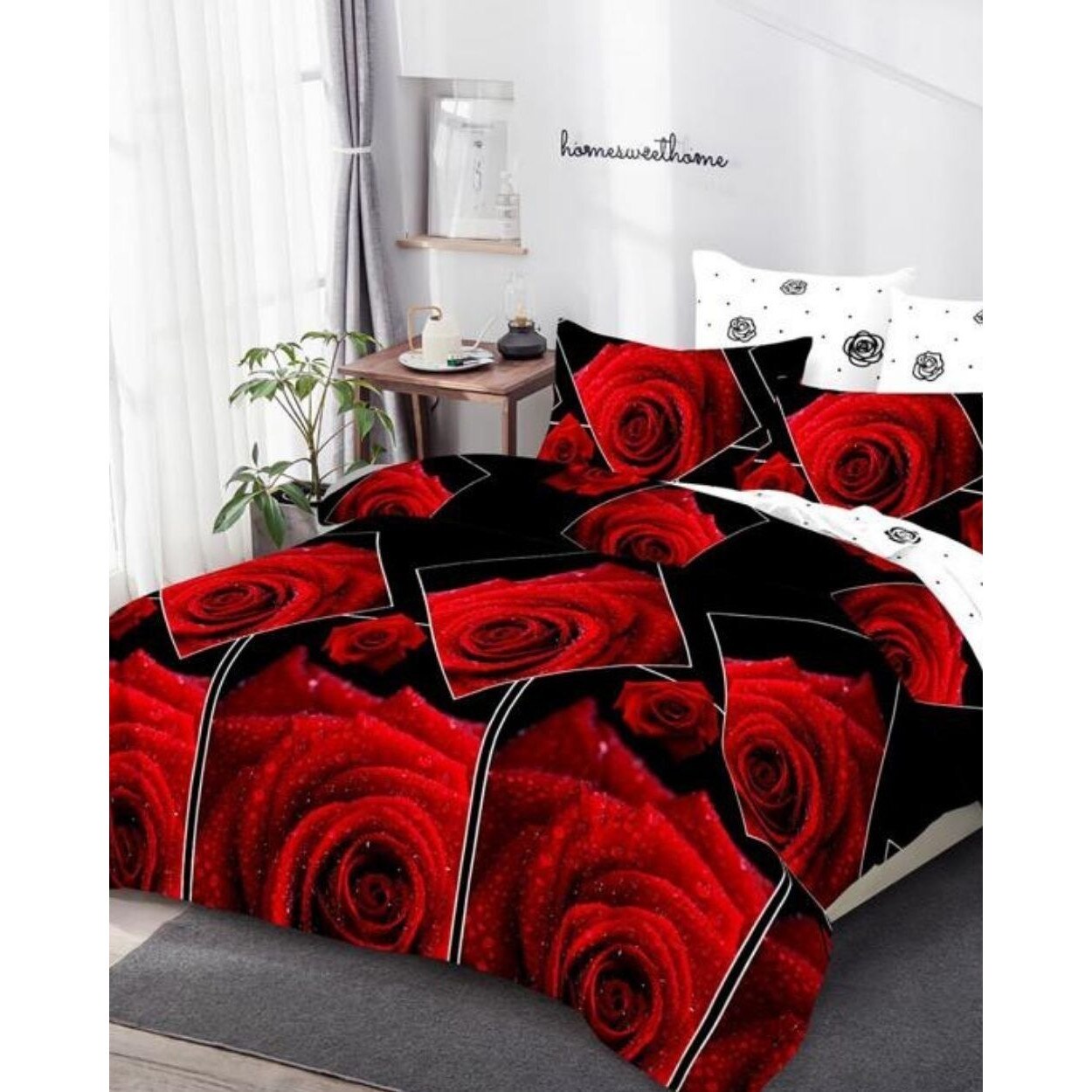 Set Lenjerie Finet, Cearceaf de Pat cu Elastic, 6 Piese, Pat 2 Persoane, Roses