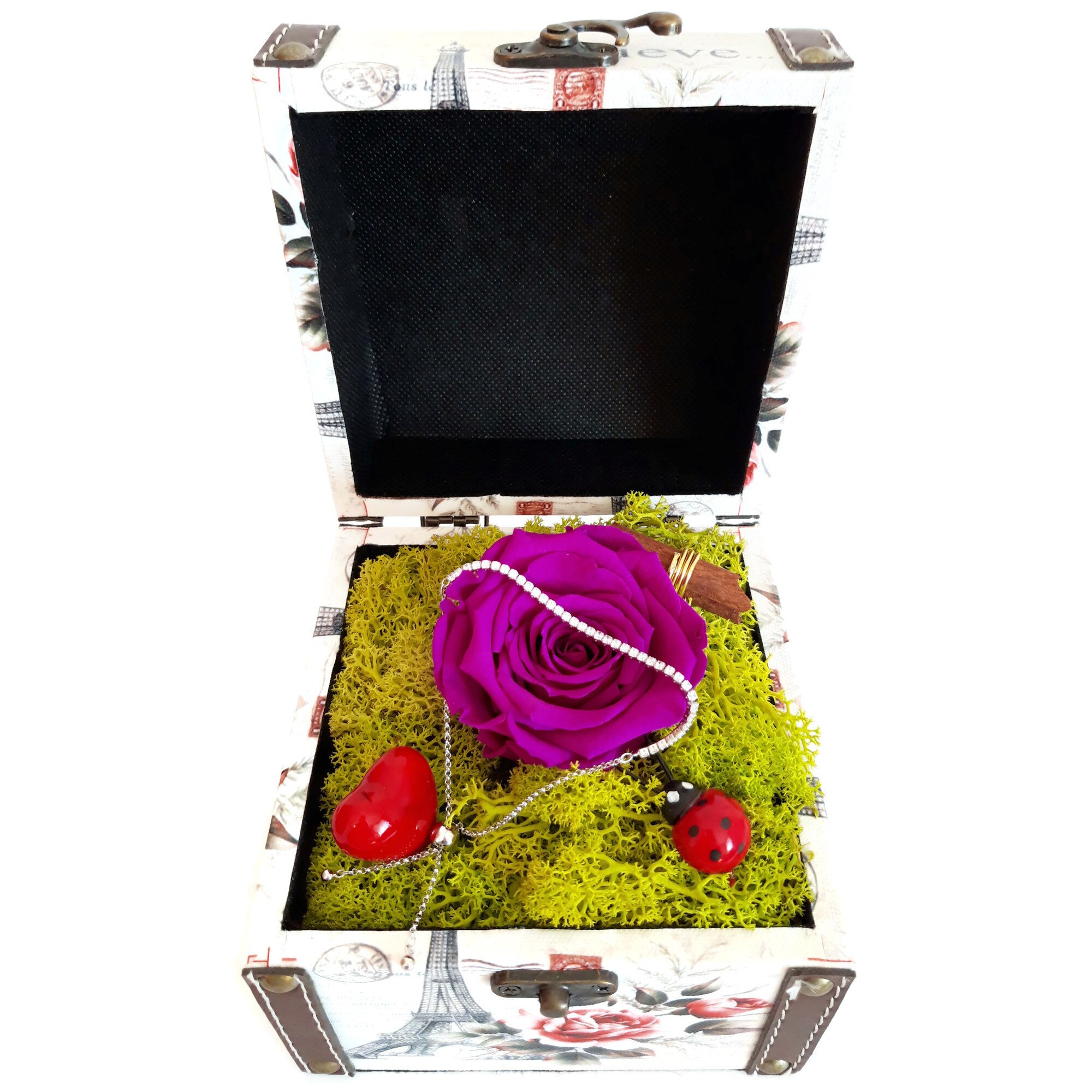 Aranjament cadou cu trandafir criogenat mov, in cufar de lemn, cu bratara din argint 925 cu cristale cehe transparente