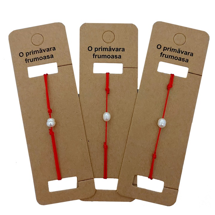 Set 3 Bratari Martisor ArtDeco, lucrate manual cu snur rosu si perla alba de cultura, reglabila 10-25 cm.