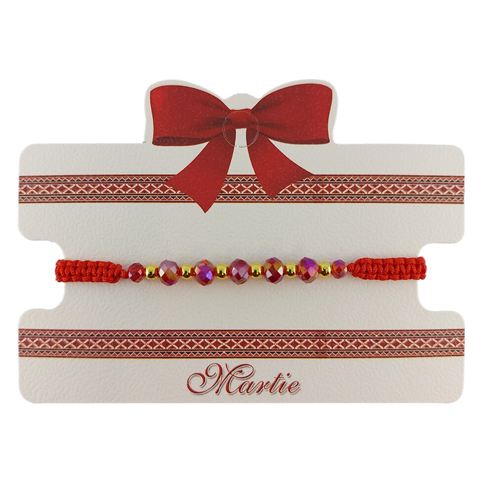 Bratara Martisor ArtDeco impletita manual din snur rosu cu cristale rosii de Terahertz si bile inoxidabile aurii, reglabila 15-25 cm